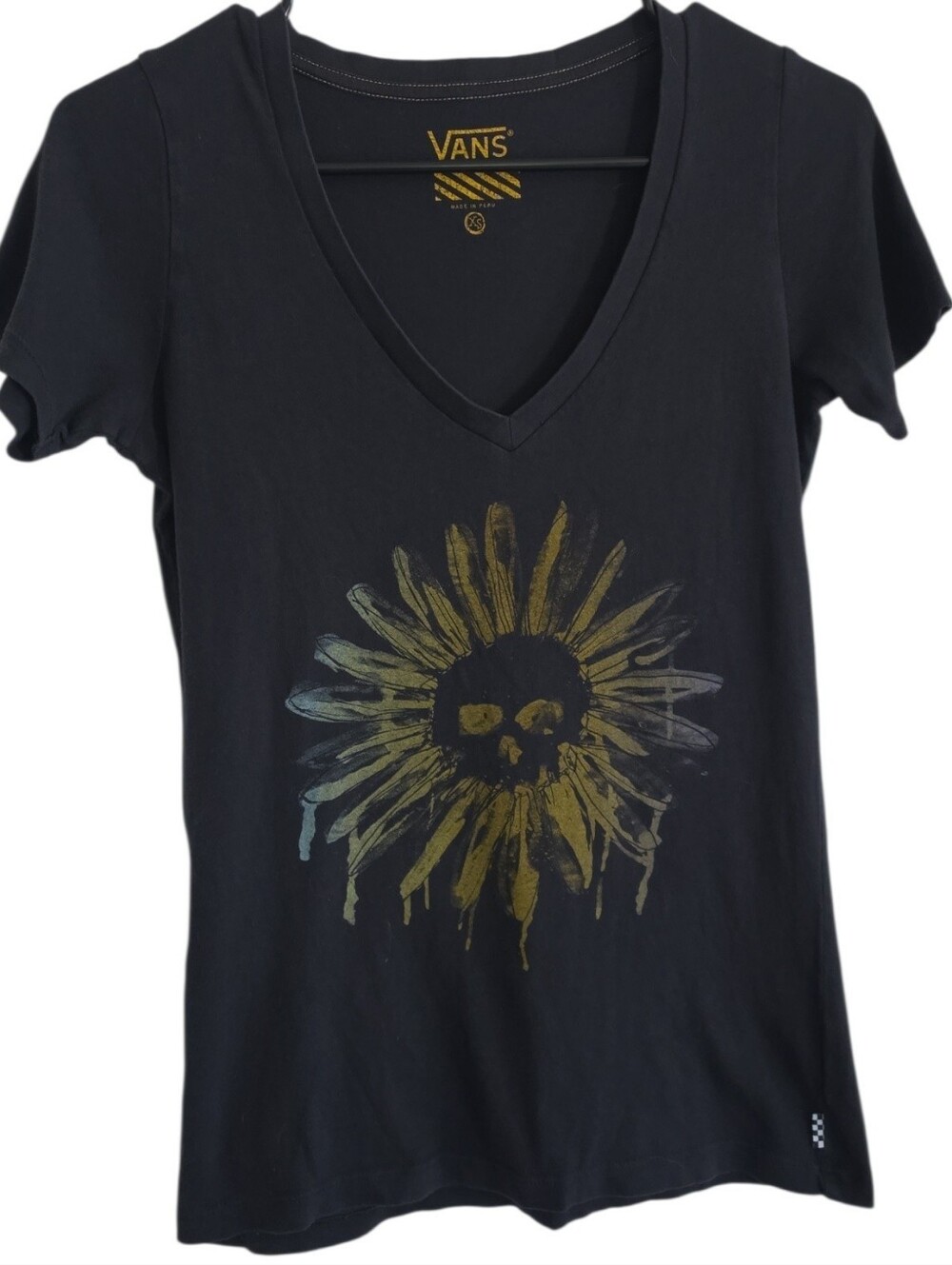 Vans Black V-Neck Tee with Distressed Sunflower Skull Shirt-Size X Small